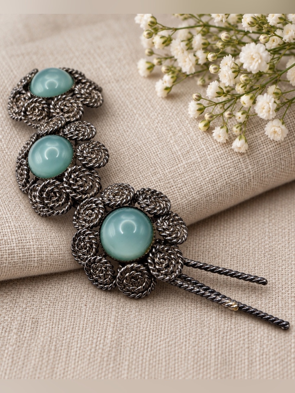 Vintage Antique Filigree Aqua Cabochon Floral Brooch